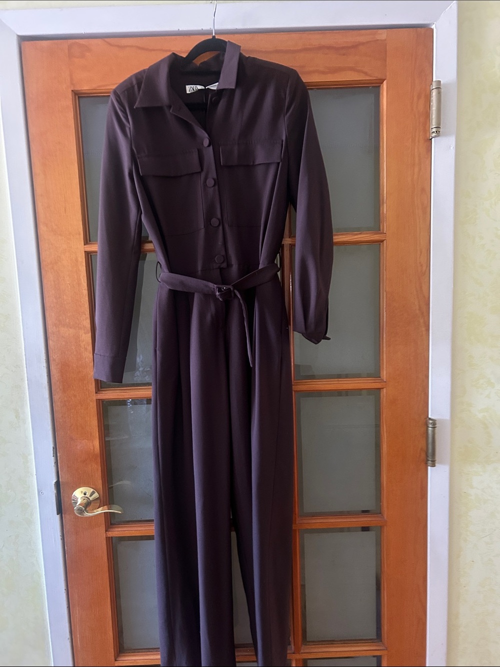 Long Sleeve Button-Front Jumpsuit in Dark Plum. New